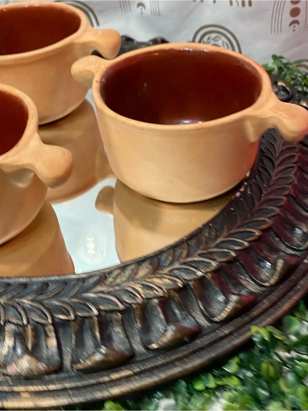 Set of 3 Vintage Terracotta Double-Handled Soup Bowls - Brown Interior